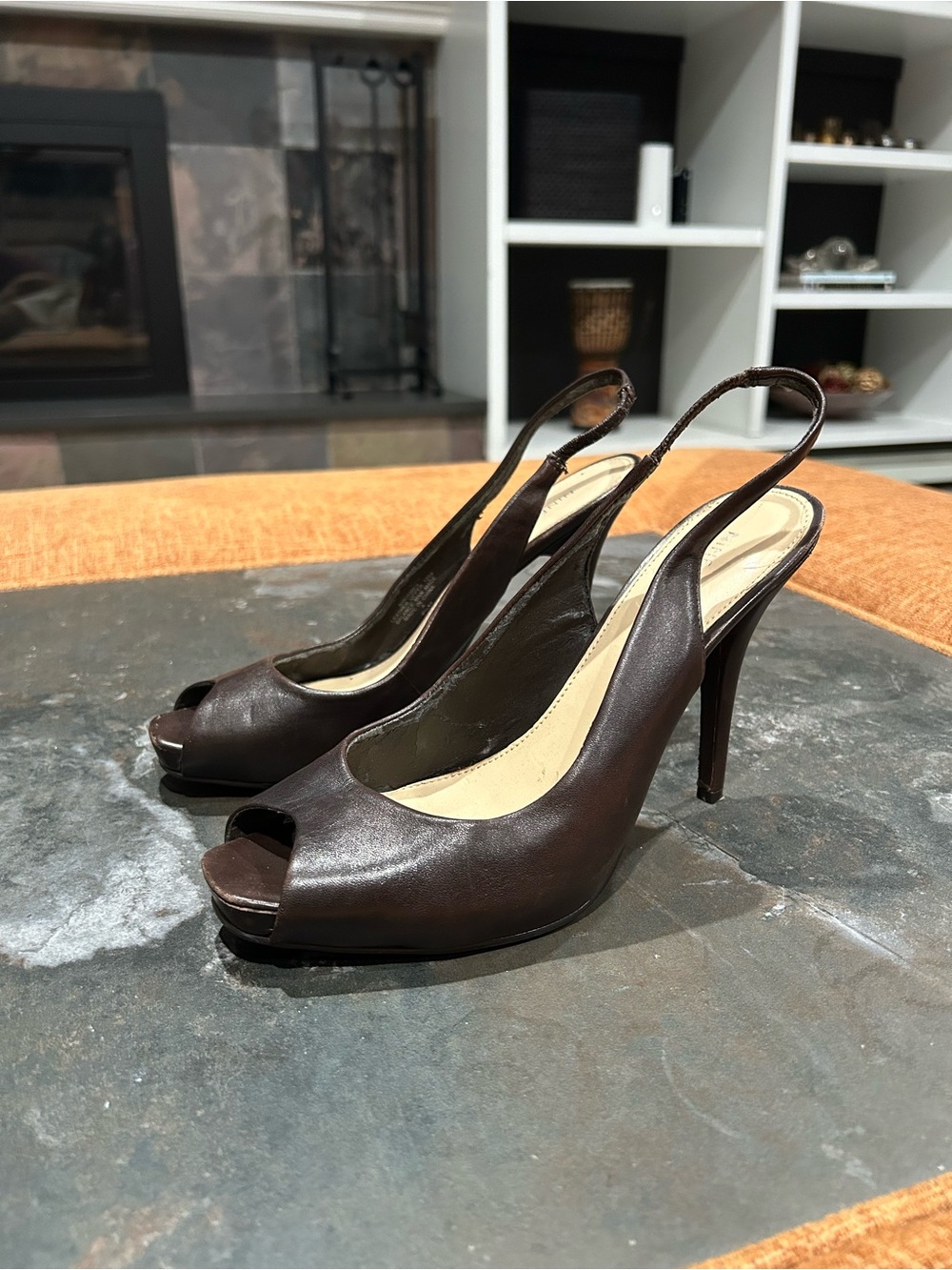 Nine West Brown Peep-Toe Slingback Stiletto Heels